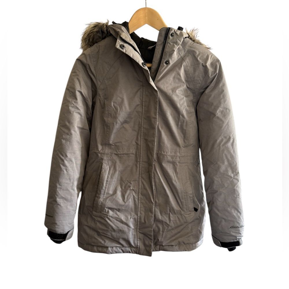 Eddie Bauer Women’s Gray 80% Down Warm Winter Jacket, Fur Hood, Petite XS